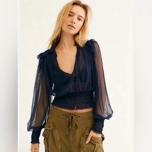 Free People Navy Blue- sheer shirt